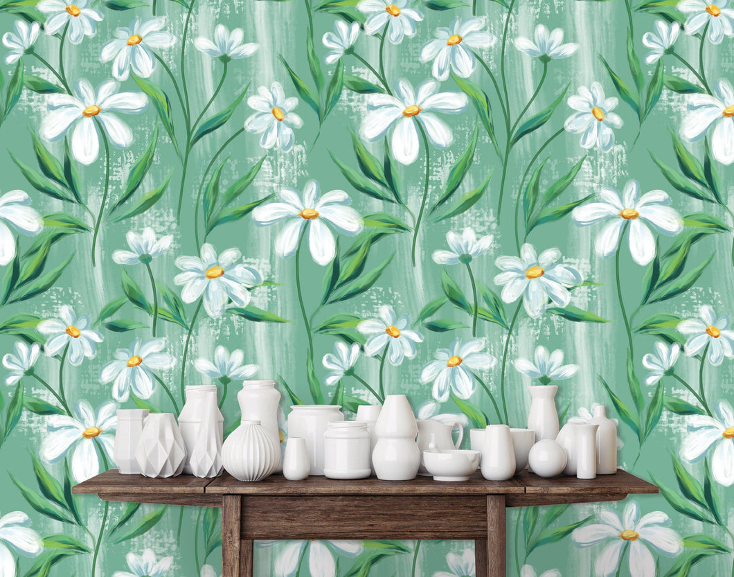 Blue floral daisy garden fabric peel and stick wallpaper