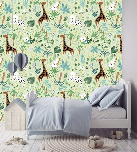 Safari Wallpaper, Zoo Wallpaper, Giraffe Nursery, Peel and Stick Wallpaper, Boy Wallpaper, Cute Animal Wallpaper, Fabric Wallpaper