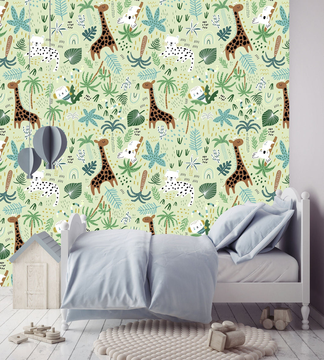 Safari Wallpaper, Zoo Wallpaper, Giraffe Nursery, Peel and Stick Wallpaper, Boy Wallpaper, Cute Animal Wallpaper, Fabric Wallpaper