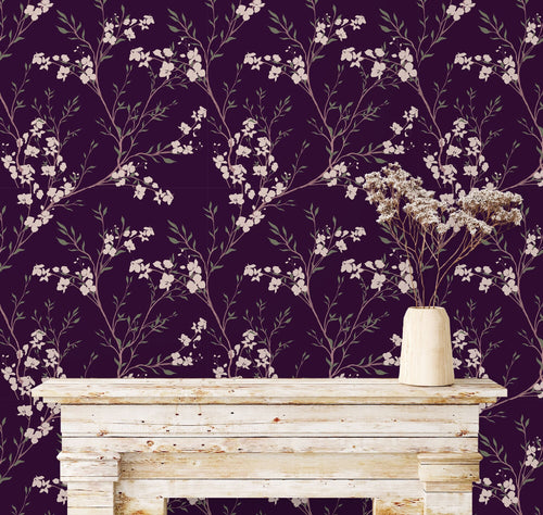 Dark Wallpaper, Purple Wallpaper, Antique Wallpaper, Floral Wallpaper, Flower Peel and Stick Wallpaper, Fabric Wallpaper
