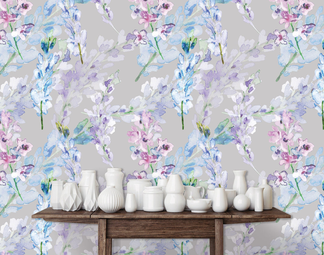 Floral lavender and blue fabric peel and stick wallpaper