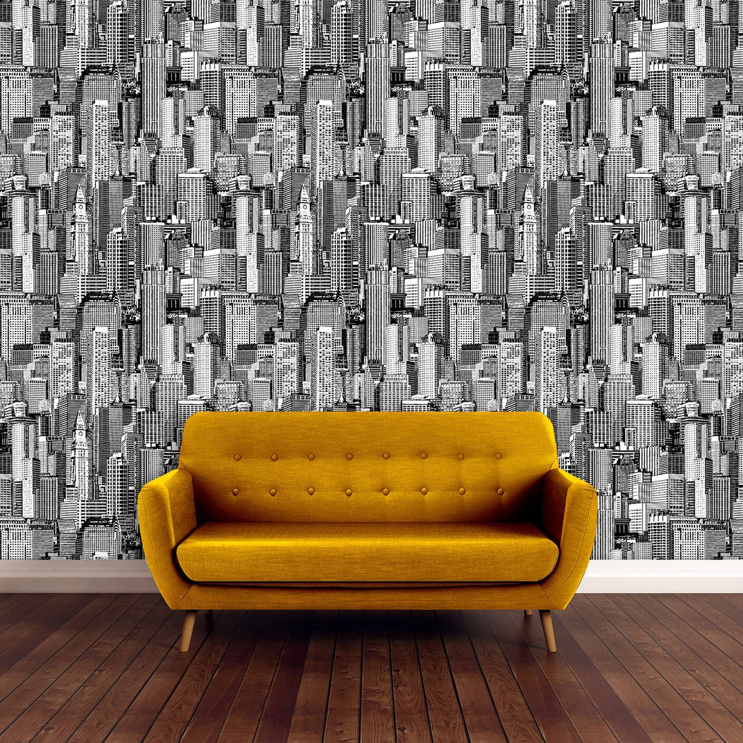 Black and white urban cityscape fabric peel and stick wallpaper