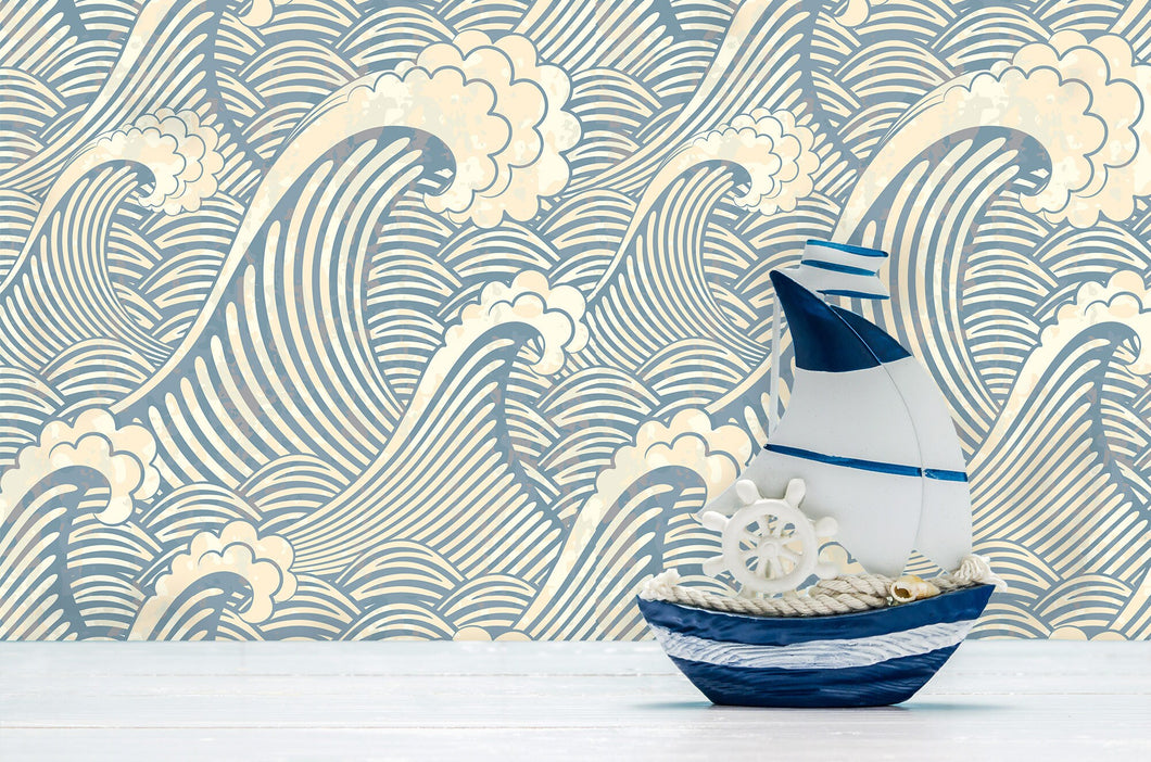 Ocean waves blue nautical fabric peel and stick wallpaper