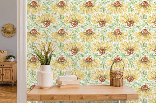 Floral linen cottage fabric peel and stick wallpaper