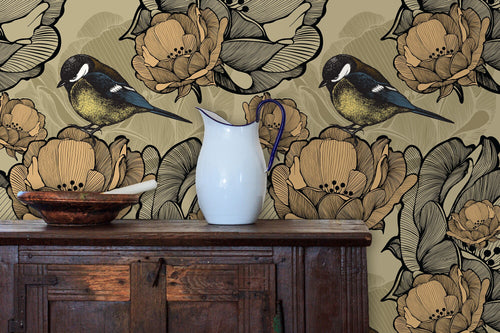 Antique beige bird botanical floral fabric peel and stick wallpaper