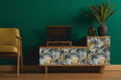 Load image into Gallery viewer, Blue and brown vintage tropical palm fabric peel and stick wallpaper
