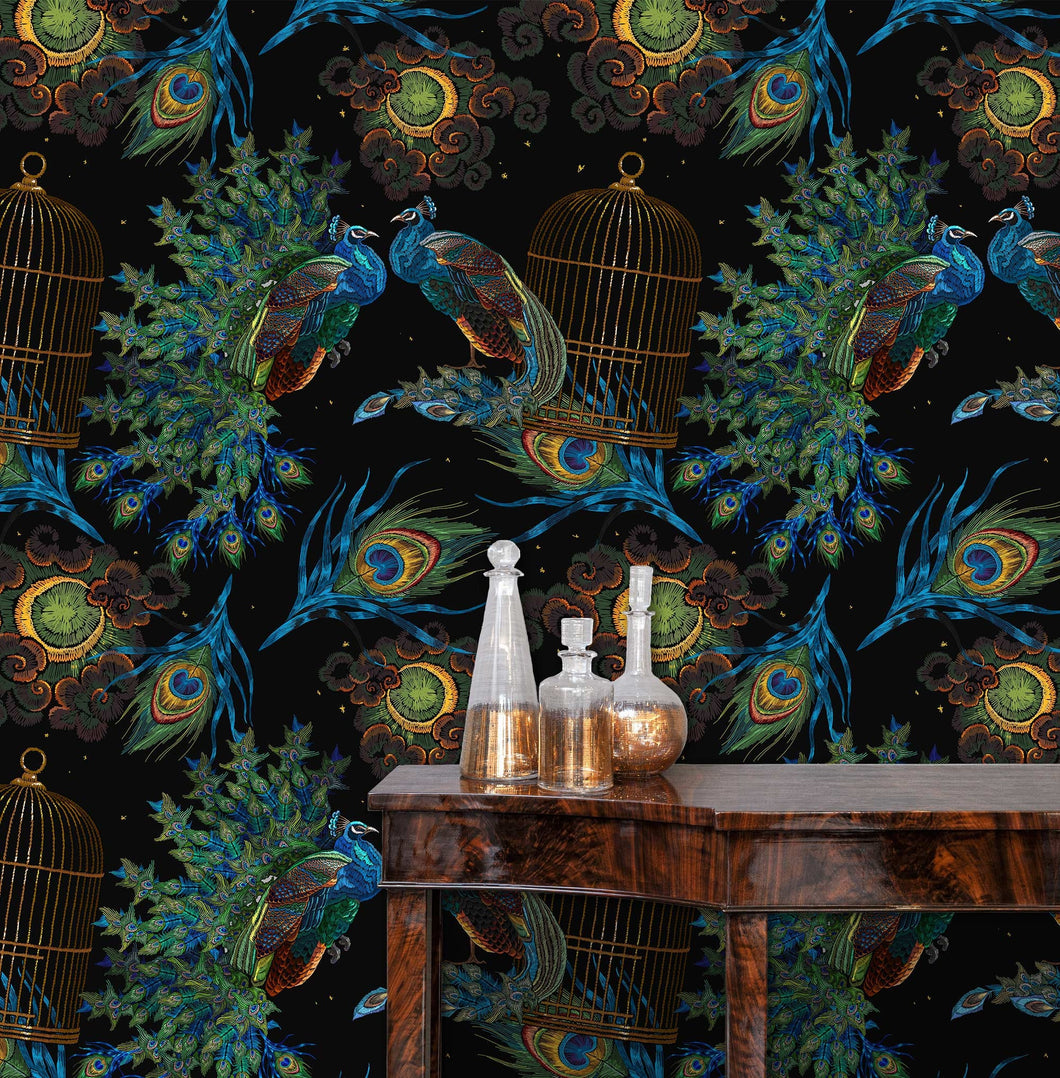 Black and blue peacock celestial mystical fabric peel and stick wallpaper