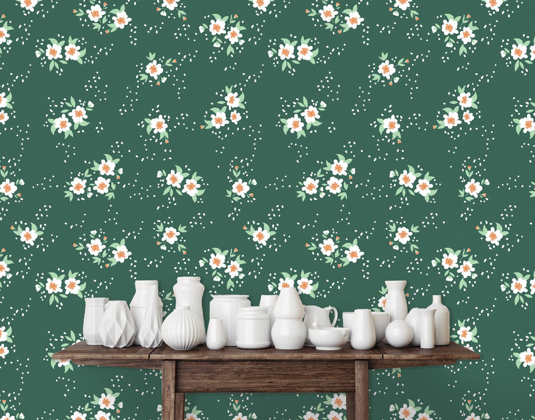 Green antique cottage floral fabric peel and stick wallpaper