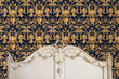 Load image into Gallery viewer, Blue and gold ornate damask antique Victorian fabric peel and stick wallpaper
