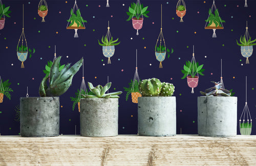 Blue potted plants hanging fabric peel and stick wallpaper