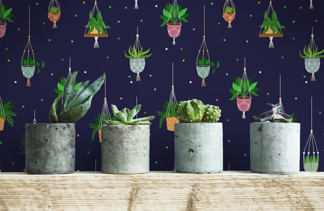 Blue potted plants hanging fabric peel and stick wallpaper