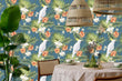 Load image into Gallery viewer, Blue and pink tropical palm parrot fabric peel and stick wallpaper
