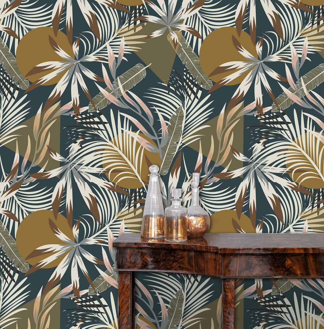 Blue and brown vintage tropical palm fabric peel and stick wallpaper