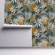 Load image into Gallery viewer, Blue and brown vintage tropical palm fabric peel and stick wallpaper
