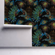 Load image into Gallery viewer, Black and blue peacock celestial mystical fabric peel and stick wallpaper
