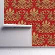 Load image into Gallery viewer, Red and gold antique Victorian damask fabric peel and stick wallpaper
