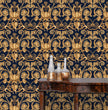 Load image into Gallery viewer, Blue and gold ornate damask antique Victorian fabric peel and stick wallpaper
