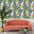 Load image into Gallery viewer, Blue and pink tropical palm parrot fabric peel and stick wallpaper

