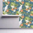 Load image into Gallery viewer, Blue and pink tropical palm parrot fabric peel and stick wallpaper
