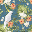 Load image into Gallery viewer, Blue and pink tropical palm parrot fabric peel and stick wallpaper
