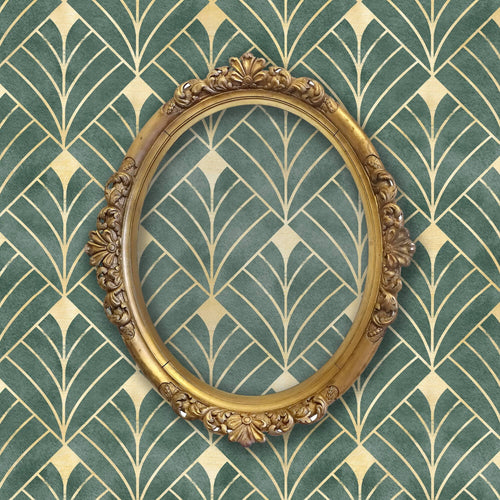 Antique Art Deco green and gold fabric peel and stick wallpaper on wall with a gold oval mirror