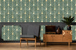 Load image into Gallery viewer, Antique Art Deco green and gold fabric peel and stick wallpaper wit Mid Century Modern furniture in living room
