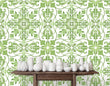 Load image into Gallery viewer, Green botanical geometric tile fabric peel and stick wallpaper
