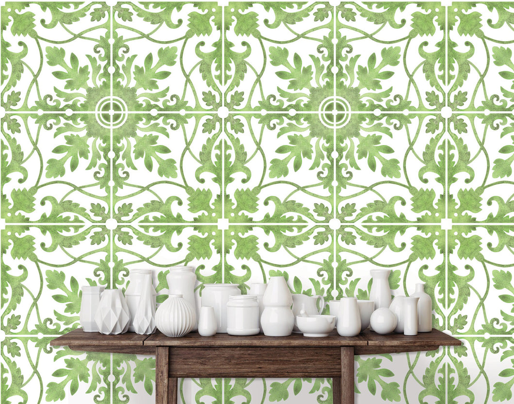 Green botanical geometric tile fabric peel and stick wallpaper