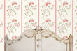 Load image into Gallery viewer, Pink vintage floral fabric peel and stick wallpaper with antique bed

