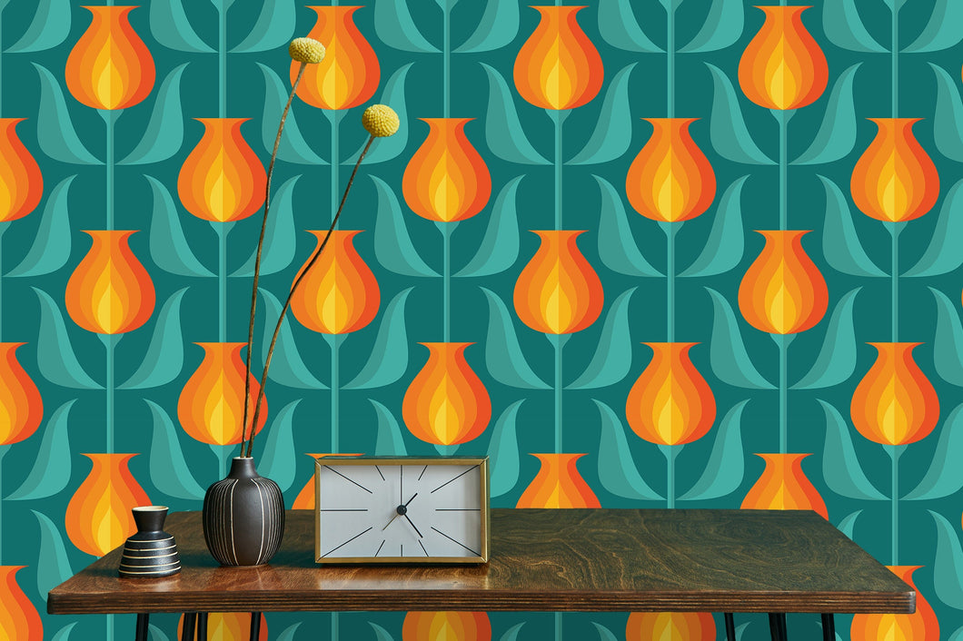 Vintage retro floral blue and orange geometric fabric peel and stick wallpaper