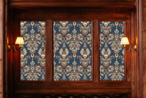 Victorian blue and orange floral damask fabric peel and stick wallpaper