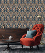 Load image into Gallery viewer, Victorian blue and orange floral damask fabric peel and stick wallpaper

