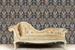 Load image into Gallery viewer, Victorian blue and orange floral damask fabric peel and stick wallpaper
