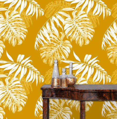 Yellow palm tropical vintage fabric peel and stick wallpaper