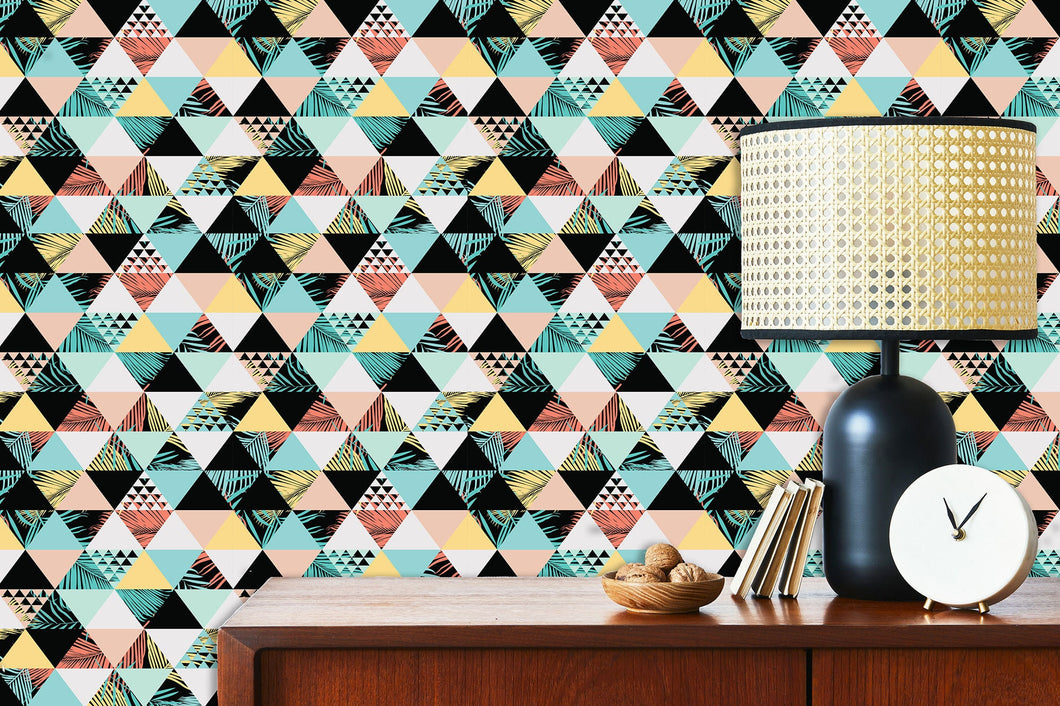 Tropical 80's geometric palm fabric peel and stick wallpaper