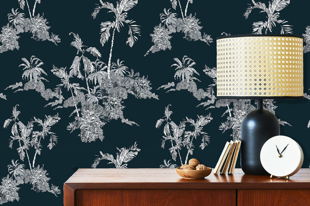 Blue Asian topical Chinoiserie fabric peel and stick wallpaper