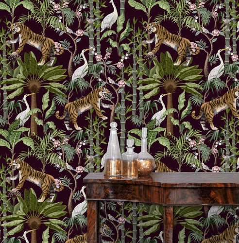 Black and green rainforest Jungle animals fabric peel and stick wallpaper