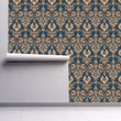 Load image into Gallery viewer, Victorian blue and orange floral damask fabric peel and stick wallpaper
