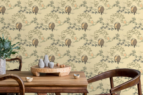 Chinoiserie pink bird botanical Asian fabric peel and stick wallpaper