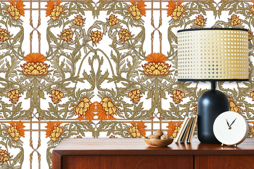 Vintage Art Deco orange floral fabric peel and stick wallpaper