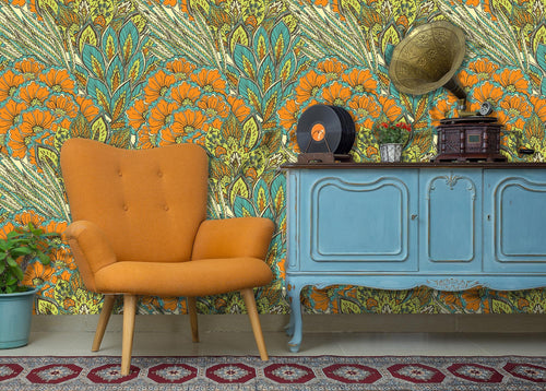 Art Nouveau antique blue and orange fabric peel and stick wallpaper