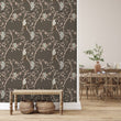 Load image into Gallery viewer, Grey Asian Chinoiserie bird botanical fabric peel and stick wallpaper on wall in entryway
