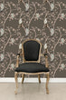 Load image into Gallery viewer, Grey Asian Chinoiserie bird botanical fabric peel and stick wallpaper with black chair
