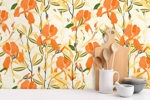 Orange cottage floral fabric peel and stick wallpaper in kitchen with bowls and utensils