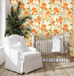 Load image into Gallery viewer, Orange cottage floral fabric peel and stick wallpaper in little girls nursery
