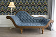 Load image into Gallery viewer, Victorian antique dark floral fabric peel and stick wallpaper with blue sofa in room
