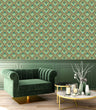 Load image into Gallery viewer, Antique Victorian Art Nouveau damask blue fabric peel and stick wallpaper with green chair and coffee table
