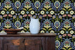 Load image into Gallery viewer, Victorian antique dark floral fabric peel and stick wallpaper with cabinet and water pitcher
