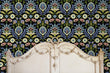 Load image into Gallery viewer, Victorian antique dark floral fabric peel and stick wallpaper in bedroom
