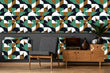 Load image into Gallery viewer, Blue and brown Mid-century modern fabric peel and stick wallpaper in room with vintage record player and chair

